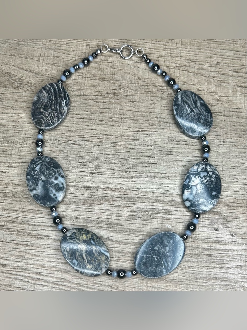 Silver Leaf Jasper, Hematite & Crystal beaded Necklace Handmade